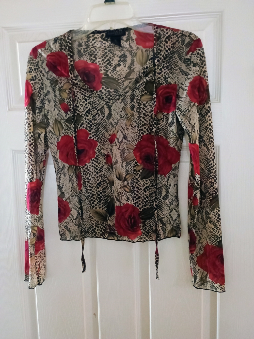 Express Red Rose Print Sheer Long-Sleeve Blouse